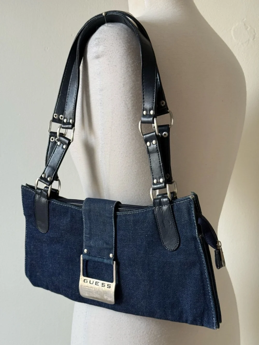 Guess Denim Shoulder Bag Y2K Buckle Detail Dark Wash - Picture 3 of 8